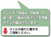 辛いアレルギー性鼻炎（花粉症）の鼻づまり・かゆみの緩和・体質改善に、ネトルが喜ばれてます。（副作用の心配なし）