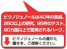 ピクノジェノールは40年の実績、280以上の研究、95件のテスト、80カ国以上で愛用されるハーブです。